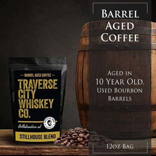 Traverse City Whiskey Co. Barrel Aged Coffee | Stillhouse Blend Aged in 10 Year Old Bourbon Barrels | Medium Roasted Beans for a Bold and Smooth Taste |