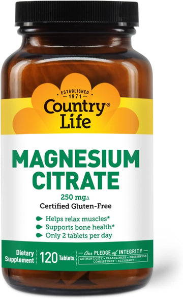 Country Life Magnesium Citrate 250mg, 120 Tablets, Certified Gluten Free, Certified Vegan, Non-GMO Verified, Certified H