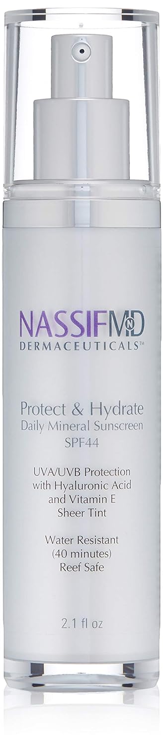 NassifMD Protect & Hydrate Mineral Sunscreen SPF44, Tinted SunScreen for Face, Titanium Oxide and Zinc Oxide Sunscreen, Sun Block UVA/UVB Protection, Face Sunscreen Moisturize with Hyaluronic Acid 2.1