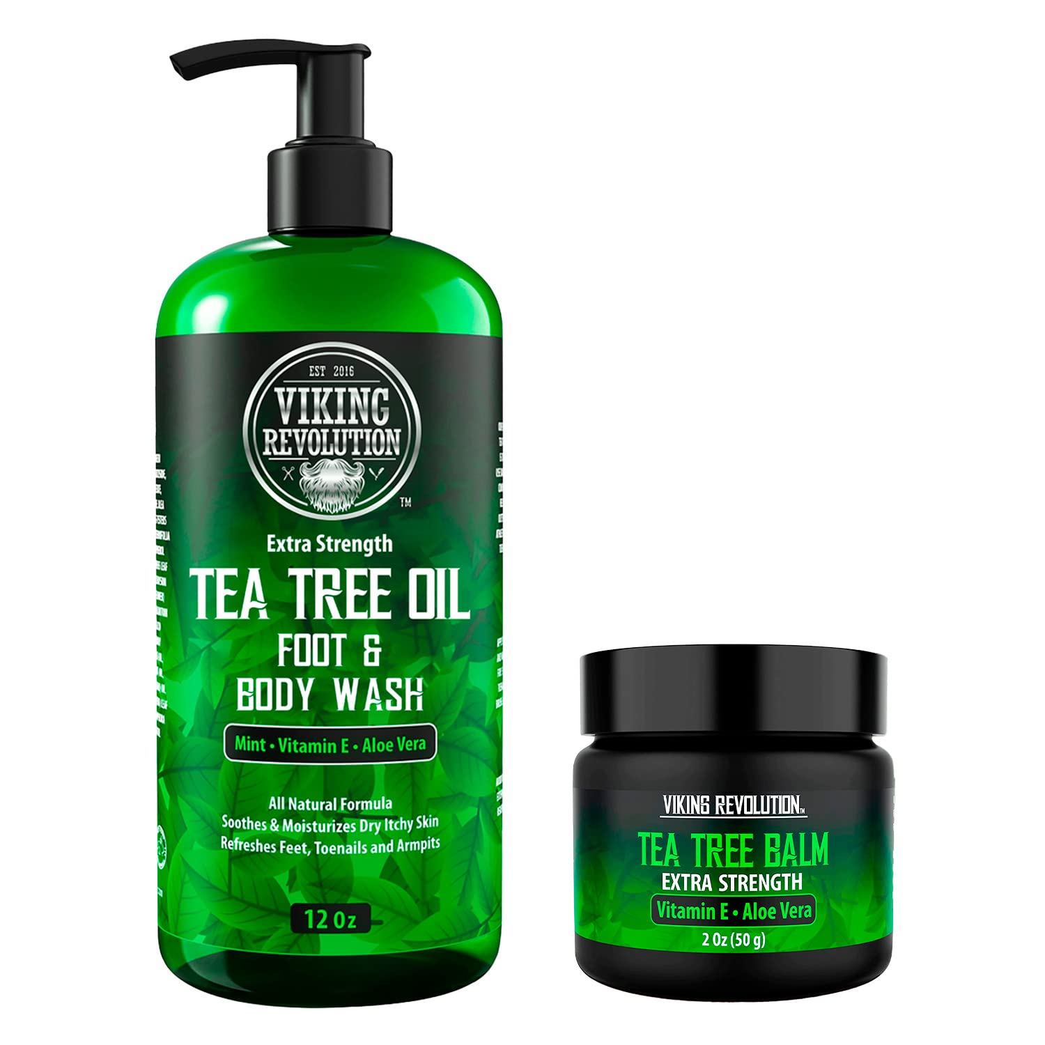 Viking Revolution Skin Cleaning Agent Tea Tree Kit for Men - Tea Tree Oil Set with Body Wash & Balm - Hydrating, Helps Athlete's Foot, Jock Itch, Eczema & Body Odors - Extra Strength, 2 Piece Set