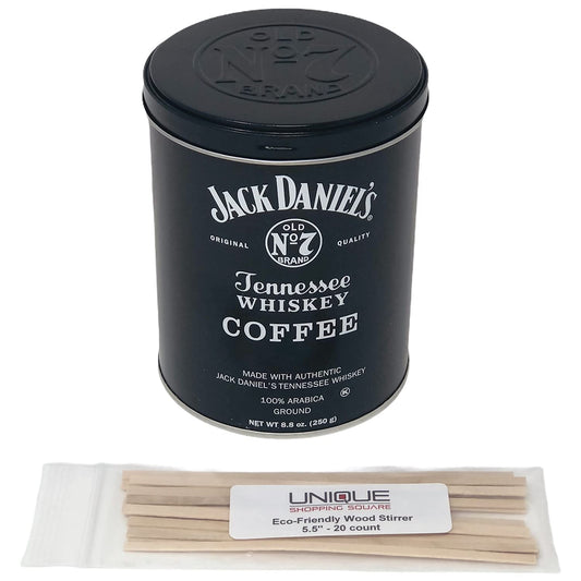 Lara's Gourmet Passions Jack Daniels Coffee bundled with complimentary 20-count Eco-Friendly Wood Stirrers - 100 Arabica Medium Roasted Gourmet Ground Kosher Collectable Tin Can