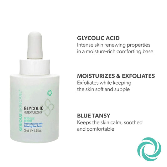 Serious Skincare Glycolic Retexturizing Serum with Balancing Blue Tansy Extract 1 . - Diminish Fine Lines & Wrinkles -Refine, Smooth & Soften Skin - Glycolic Acid - Anti-Aging - For Women and Men