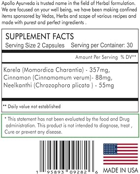 Apollo Ayurveda Dia V Plus Blood Glucose and Digestion Support Supplement | Karela (Bitter Melon), Cinnamon, Neelkanthi