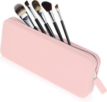 Sakolla Travel Makeup Brush Holder, Silicone Makeup Brush Bag with Zipper Closure, Makeup Brushes Organizer Case Washable Makeup Pouch Holder Case for Daily, Work, Essentials Pink