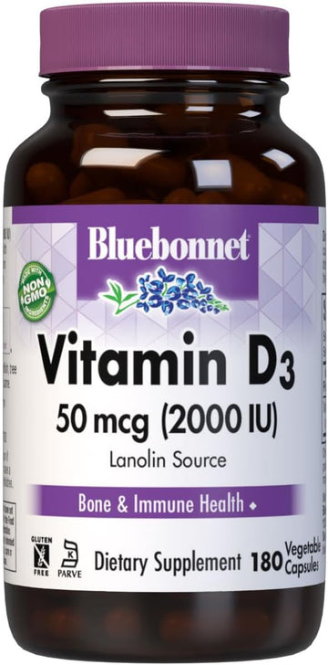 Bluebonnet Nutrition Vitamin D3 2000 IU Vegetable Capsule, Aid in Musc