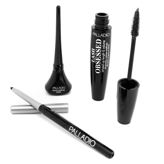 Palladio Ultra Black Eye Makeup Kit, High Pigmented Deep Black Makeup Look, Waterproof Eyeliner, Retractable Eye Liner, Liquid Eyeliner, Extreme Definition Lengthening Mascara, Smudge Proof Bundle