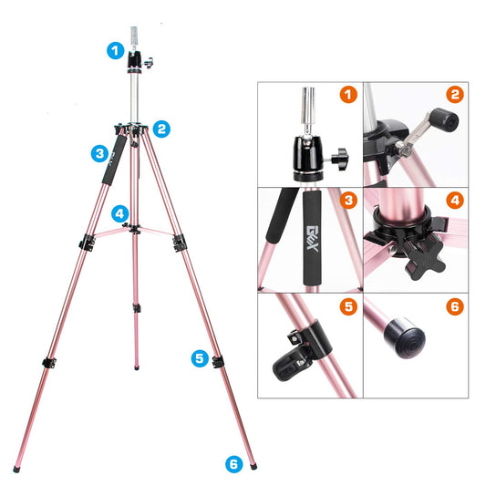 GEX 63" Heavy Duty Canvas Block Head Tripod Cosmetology Training Doll Head Stand Mannequin Manikin Head Tripod Wig Stand With Travel Bag (Rose Gold(Version 2.0))