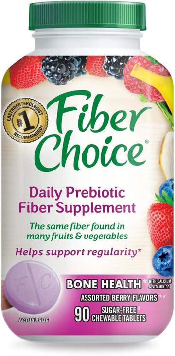 Fiber Choice Bone Health Daily Prebiotic Fiber Chewable Tablets with Calcium & Vitamin D, Assorted Berry, 90 Count