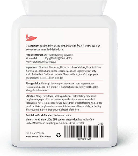 Vitamin D3 25Æg 1000Iu Supplement - 180 High Strength Vegan Vit D Tabl70 Grams