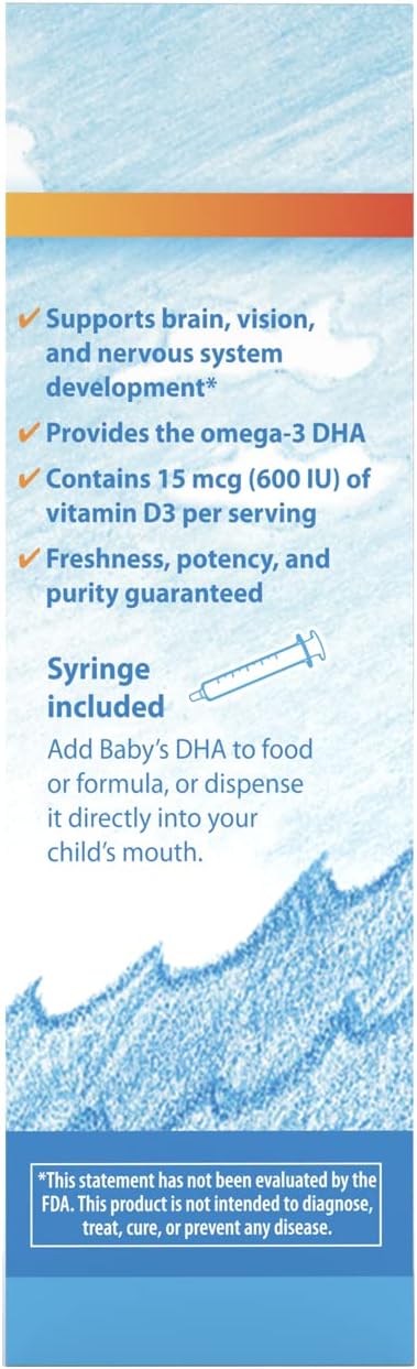 Carlson - Baby's DHA, Liq DHA Baby Supplement, 1100 mg Omega-3s + 400 IU Vitamin D3, Brain Development, Vision Support & Nerve Function, Omega-3 Liq for Babies, Baby Fish Oil, 60 mL