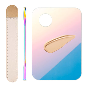 Makeup Spatula and Palette Set,Stainless Steel Korean Makeup Spatula,Foundation Palette,Makeup Mixing Palettes Cosmetic Spatula Tool(Double Head Design Spatula+Palette+Leather Cover)