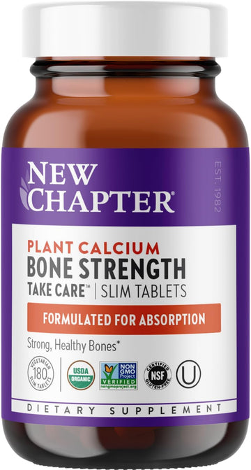 New Chapter Calcium Supplement - Bone Strength Organic Red Marine Algae Calcium - with Vitamin D3+K2 + Magnesium, 70+ Trace Minerals for Bone Health, Gluten Free, Easy to Swallow - 180 Slim Tablets