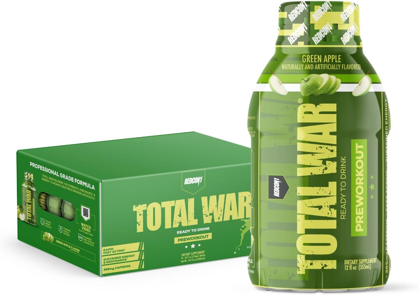 REDCON1 Total War Ready to Drink Preworkout, Green Apple - 350mg of Fa