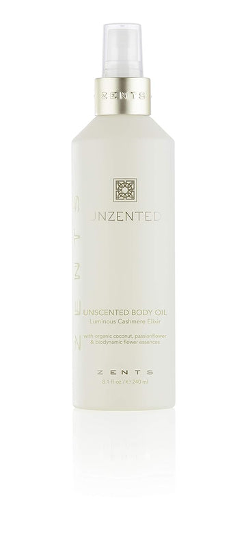 Zents Luminous Cashmere Body Oil (Unzented, Fragrance-Free), Soften and Moisturize Skin with Vitamin E and Organic Coconut Oil, 8