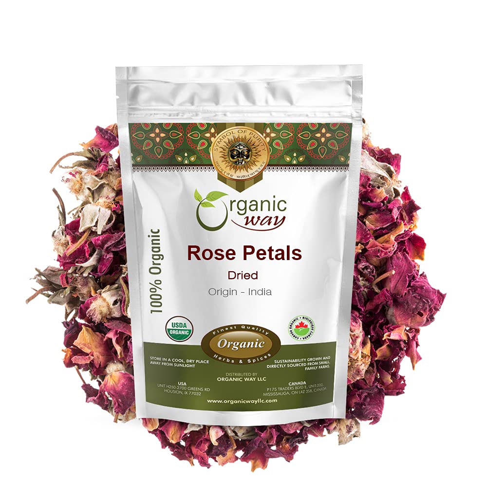 Organic Way Rose Petals Dried (Rosa Centifolia) - Pure, Edible & Fragrant for Tea | Organic & Kosher Certified | Raw, Vegan, Non GMO & Gluten Free | USDA Certified | Origin - India