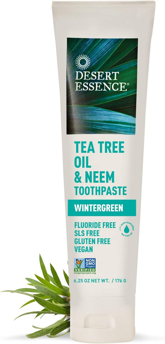 Desert Essence, Tea Tree Oil & Neem Toothpaste, uoride-Free with Baking Soda, Wintergreen, 6.25