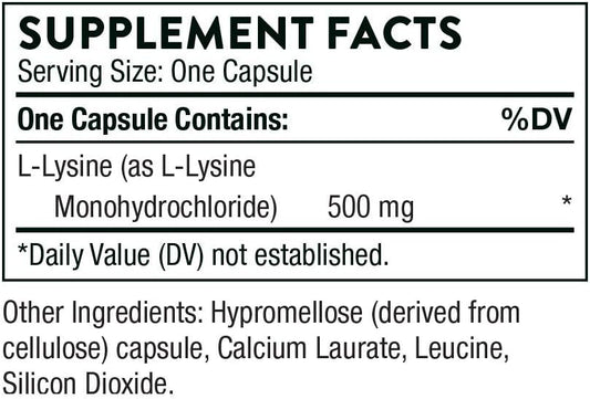 Thorne Lysine - Essential Amino Acid for Skin Health, Energy Production, and Immune Function - 500 mg - 60 Capsules