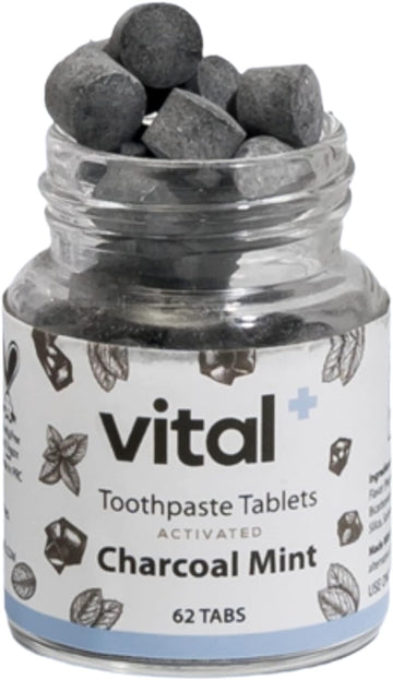 Vital Charcoal Mint Whitening Toothpaste Tablets with Nano-Hydroxyapatite | 62 Tablets | Eco-Friendly Toothpaste | Plastic-Free & uoride-Free | No Artificial avorings or SLS | TSA Compliant