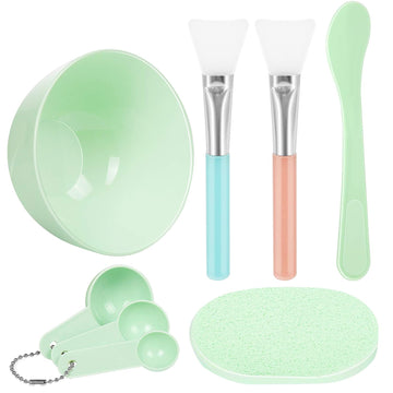 Teenitor Facial Mask Mixing Bowl Set, DIY Facemask Mixing Tool Kit with Silicon Face Mask Brush Facial Mask Bowl Stick Spatula Gauges Puff, Pack of 8, Green