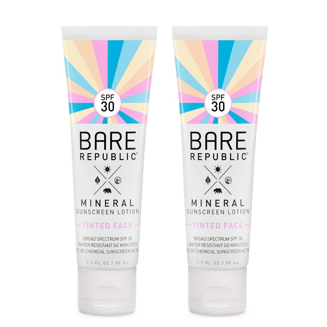 Bare Republic Tinted Mineral Sunscreen SPF 30 Sunblock Face Lotion, Sheer and Non-Greasy Finish, 1.7  , 2 Pack