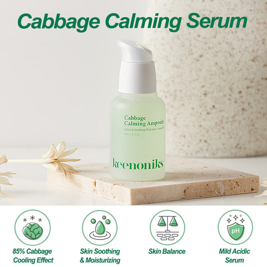 Keenoniks Serum for Face - 85% Cabbage Extract Calming Facial Ampoule helps Skin Soothing & Moisturizing, Pore Minimizing, pH Balance for Sensitive, Dry Skin | Mild Acidic Korean Essence - 1.01