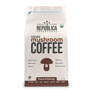 La Republica Superfoods Ground Mushroom Coffee, Certified Organic & Fair Trade Arabica Coffee, 7 Super Food Mushrooms, Lion's Mane, Reishi, Chaga, Cordyceps, Shiitake, Maitake, and Turkey Tail (Medium Roast,60 Servings)