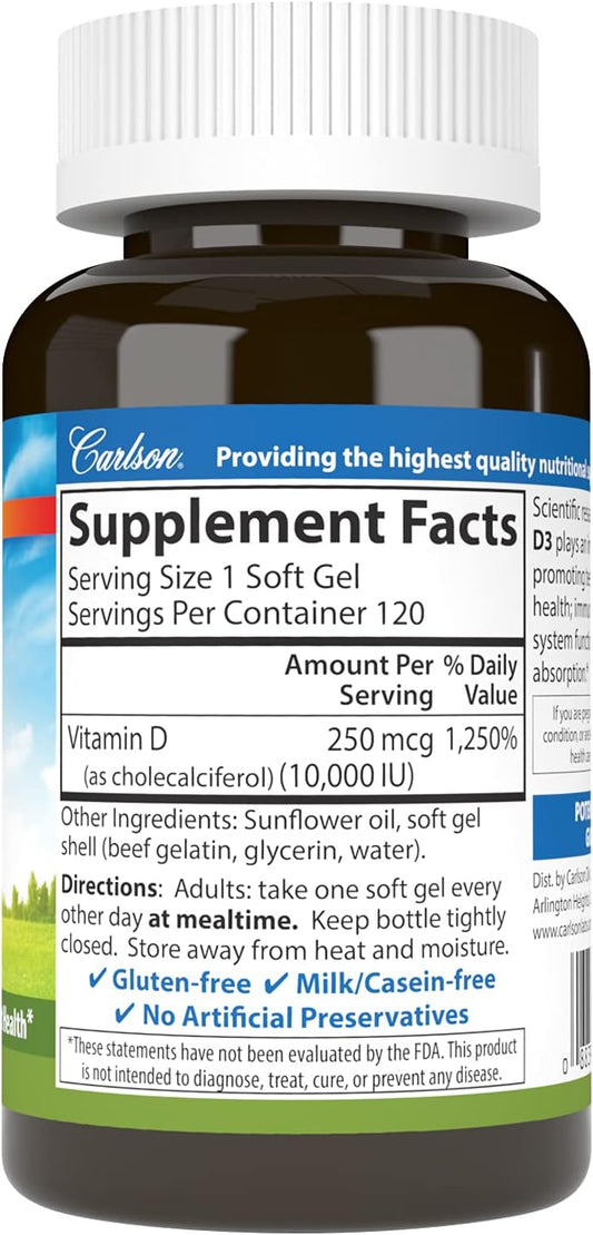 Carlson - Vitamin D3 10000 IU (250 mcg), Bone Health, Muscle Health, Cholecalciferol, Vitamin D Supplements, Vitamin D3 Soft Gels, 120 Softgels
