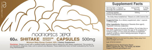 Nootropics Depot Shiitake Mushroom Capsules | 500mg | 60 Count | Whole