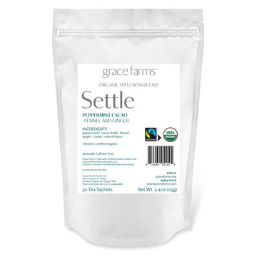 Grace Farms Organic SETTLE Wellness Tea Blend (50 Sachet Pouch) | Peppermint Cacao | Relaxing and Digestive Support | Fairtrade and Kosher | Gives Back 100% of Profits