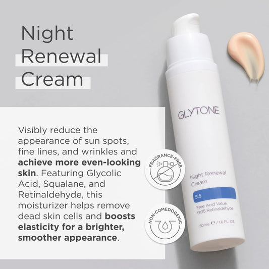 Glytone Night Renewal Cream - 5.5 Free Acid Value Glycolic Acid & Retinaldehyde - Reduce Look of Fine Lines & Wrinkles - Fragrance-Free - 1.7 .