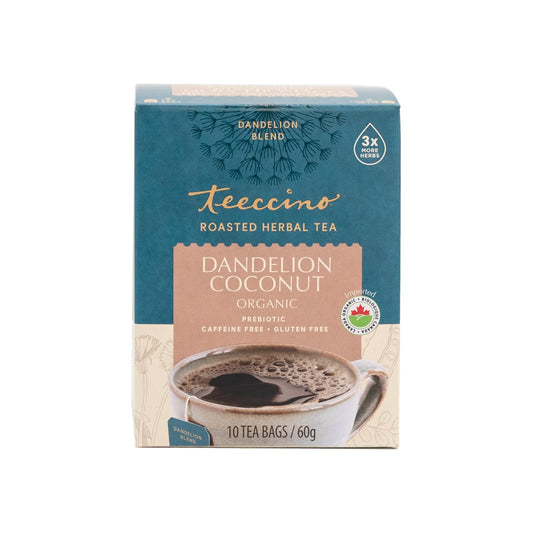 Teeccino Dandelion Root Tea – Coconut – Caffeine Free, Roasted Herbal Tea with Prebiotics, 3x More Herbs than Regular Tea Bags, Gluten Free - 10 Tea Bags (Pack of 4)