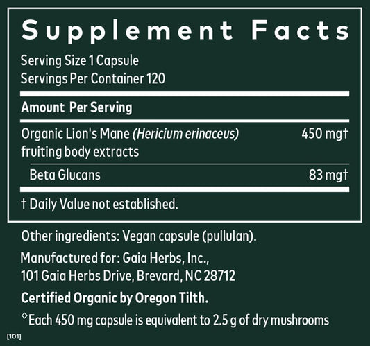 Gaia Herbs Organic Lions Mane Mushroom - Brain And Nerve Support Supp