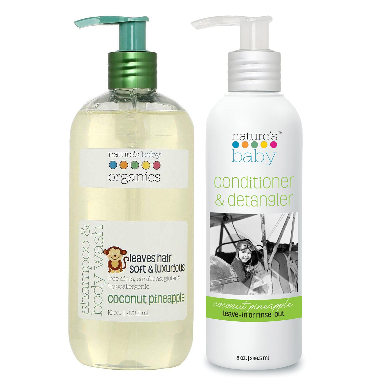 Nature's Baby Shampoo & Conditioner Combo Pack, Tear Free & Sulfate Free, Formulated for Sensitive and Problem Skin,16  Shampoo and 8  Conditioner, Coconut Pineapple - 2 Pack