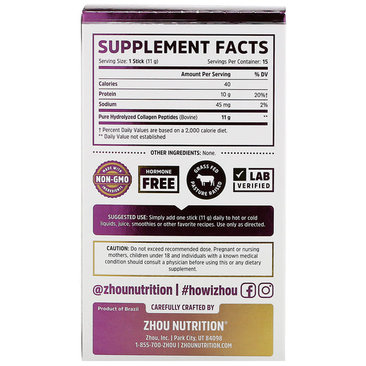 Zhou Nutrition, Collagen Peptides, Hydrolyzed Protein, Unflavored,  0.39 oz (11 g) Each