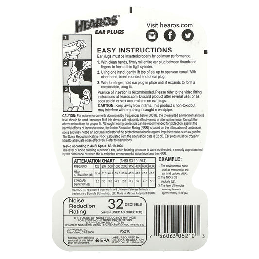 Hearos, Ear Plugs, NRR 32