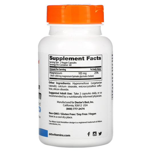 Doctor's Best, High Absorption Magnesium, Lysinate Glycinate 100% Chelated, 52.5 mg Veggie Caps