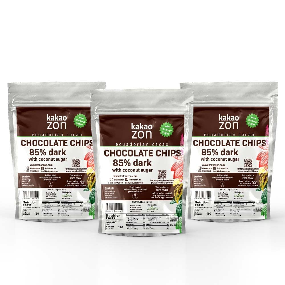 KakaoZon 85% Dark Chocolate Chips with Coconut Sugar | Gluten-Free | Vegan | Non-GMO | Free of all major allergens | Directly Traded | 3 Pack