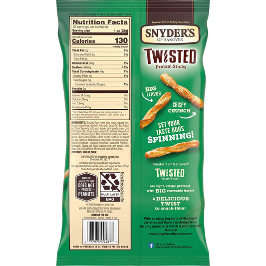 Snyder's of Hanover Sour Cream & Onion Twisted Pretzel Sticks, 4-Pack Bags