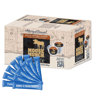 PALM AND PLENTY Flavored K Cups Coffee & Sugar Bundle | Moose Munch Maple Brown Sugar 42 Count K Cup Flavored Coffee Pods Compatible with Keurig Coffee Maker Single Serve + 12 White Sugar Packets (MM Maple Br Sugar)