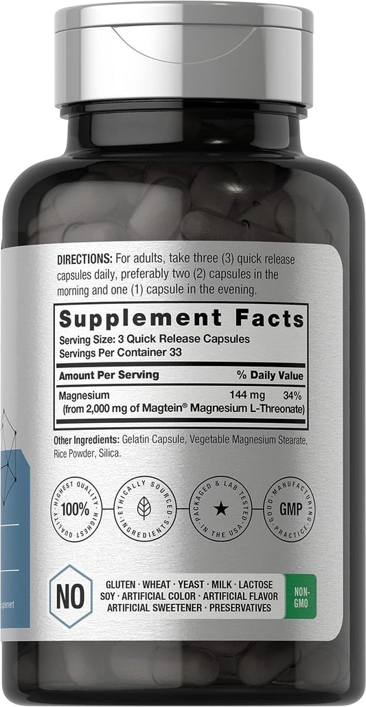 Magtein Magnesium L-Threonate | 2000mg Supplement | 100 Capsules | Non-GMO and Gluten Free | by Horbaach