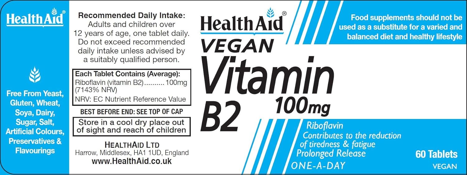 HealthAid Vitamin B2 (Riboflavin) 100mg - Prolong Release - 60 Tablets