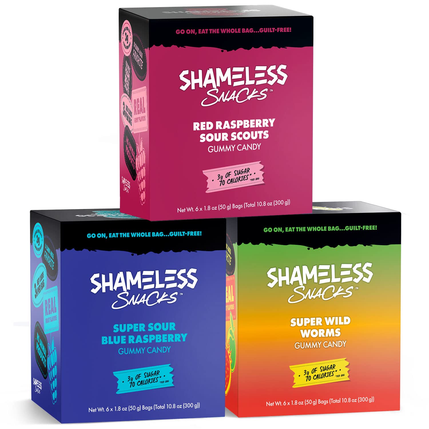 Shameless Low Carb Keto Gummy Bundle - Red Raspberry, Blue Raspberry & Super Wild Worms Gluten Free Candy