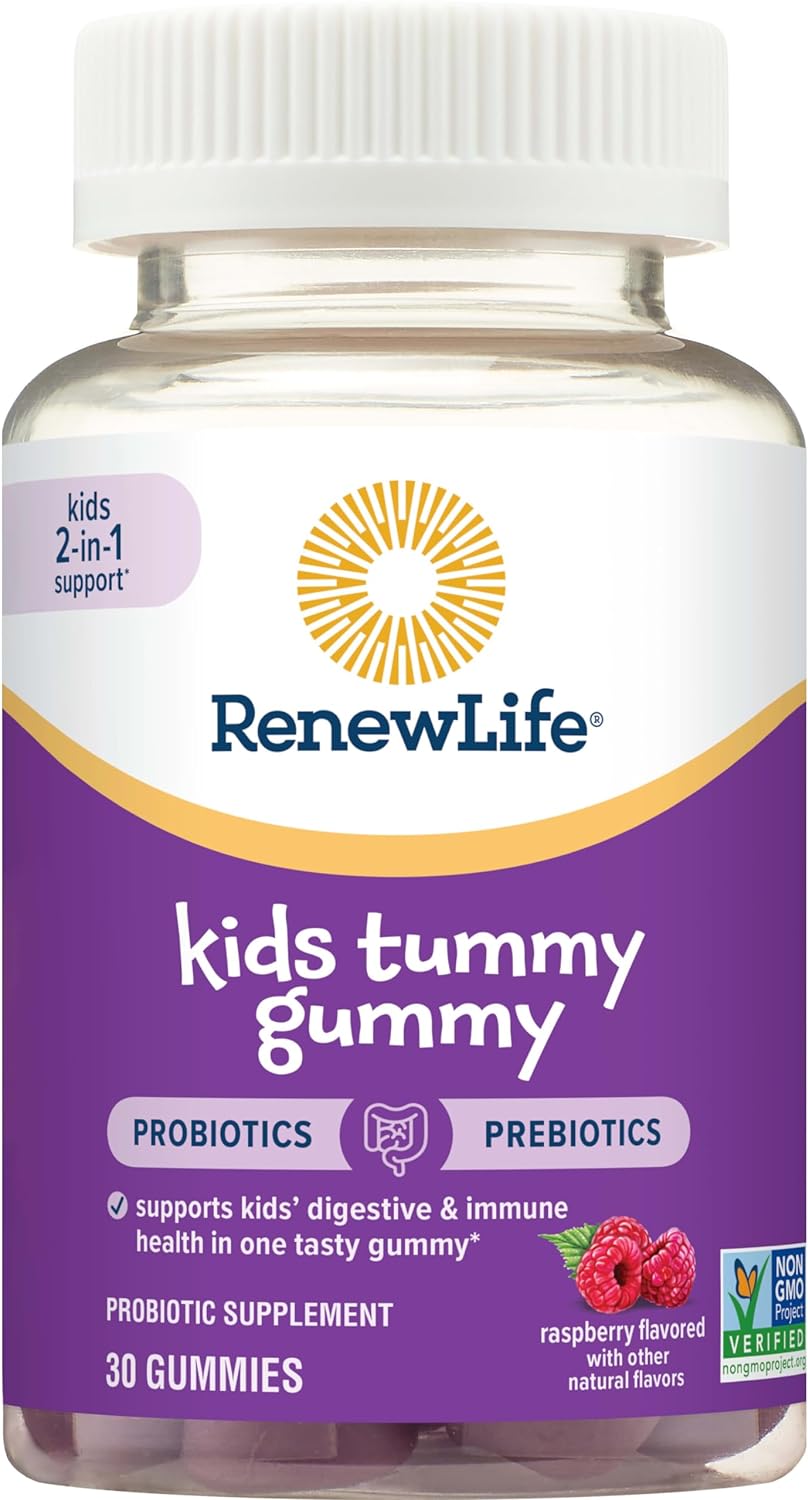 Renew Life Kids Raspberry Prebiotic And Probiotic Gummies, Daily Supplement For Digestive And Immune Health, B. Coagulans And B. Subtilis, Dairy, Soy And Gluten-Free, 1 Billion Cfu 30 Count