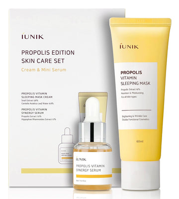 iUNIK Propolis Edition Skincare Set (Sleeping Mask 2.02 .. & Mini Serum 0.51 ..) - Featuring Propolis and Buckthorn Fruit Extracts to Infuse and Revitalize Skin with Moisture and Vitamins