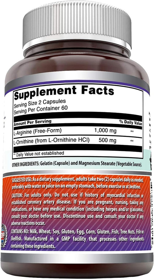 Amazing Formulas L-Arginine/L-Ornithine 1500 Mg Per Serving, 120 Capsules Supplement- Supports Protein Metabolism - Promotes Athletic Performance - Supports Better Circulation