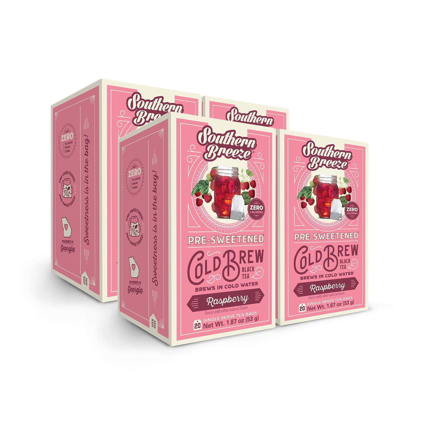 Southern Breeze Cold Brew Sweet Tea Raspberry Iced Tea with Black Tea and Zero Carbs Zero Sugar, 20 Individually Wrapped Tea Bags, Pack of 4