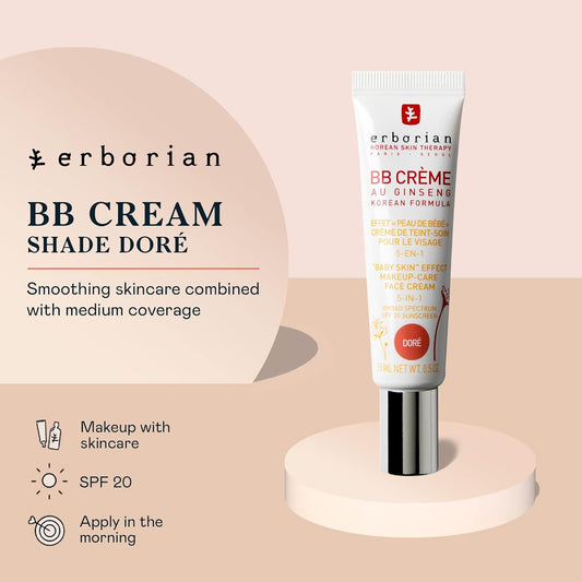 Erborian BB Cream with Ginseng - Lightweight Buildable Coverage with SPF & Ultra-Soft Matte Finish Minimizes Pores, Blemishes & Imperfections - Korean Face Makeup & Skincare