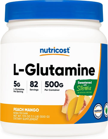 Nutricost L-Glutamine Powder Sweetened with Stevia (500 Grams, Peach Mango) | L-Glutamine Supplement for Gut Support, 5 Grams of L-Glutamine Per Serving - Gluten Free, Non-GMO