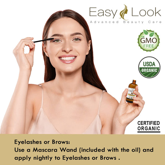 EASY LOOK Castor Oil 4oz, USDA Certified Organic 100% Pure, Stimulate Growth for Eyelashes, Eyebrows, Hair. Skin Moistur