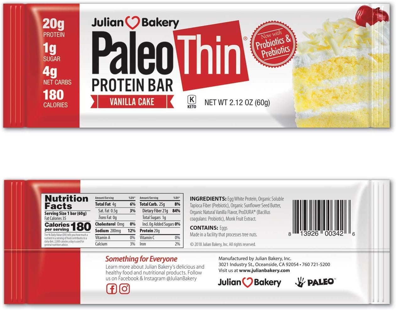 Julian Bakery Paleo Thin Protein Bar | Vanilla Cake | Egg White Protei1.6 Pounds